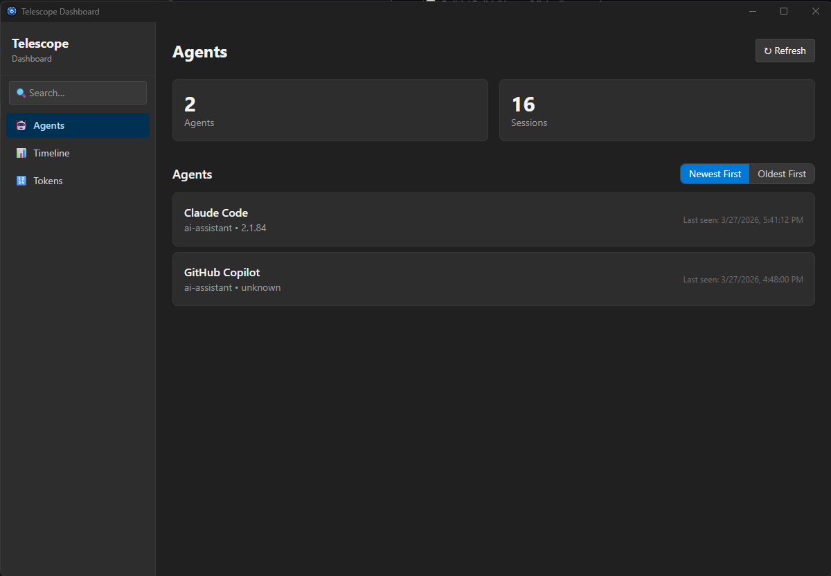 Telescope Dashboard — Agents overview showing GitHub Copilot and Claude Code with session counts