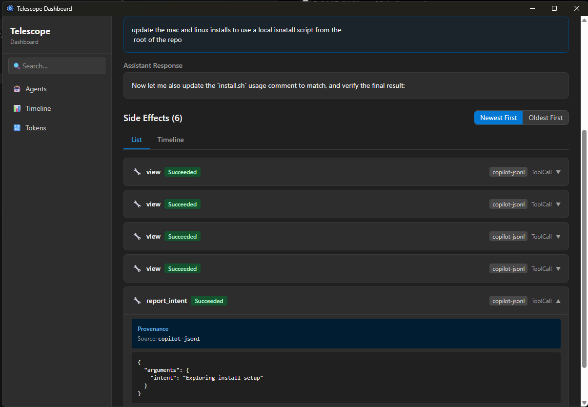 Telescope Session Detail — side effects view showing file writes, tool calls, and JSON responses